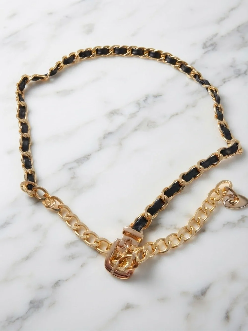 Gold Chain-Link Belt with Black Leather Weave